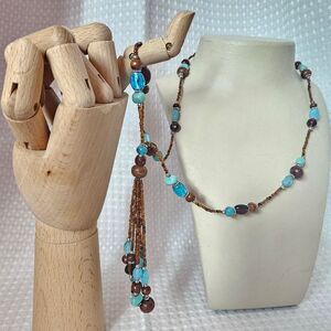 Earthtone Glass, Wood & Ceramic Bead Tassel Necklace 30"